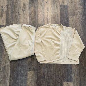 Zara Women’s Beige Cream Sweater Sweatpants Cable Knit Set Baggy Wide Leg